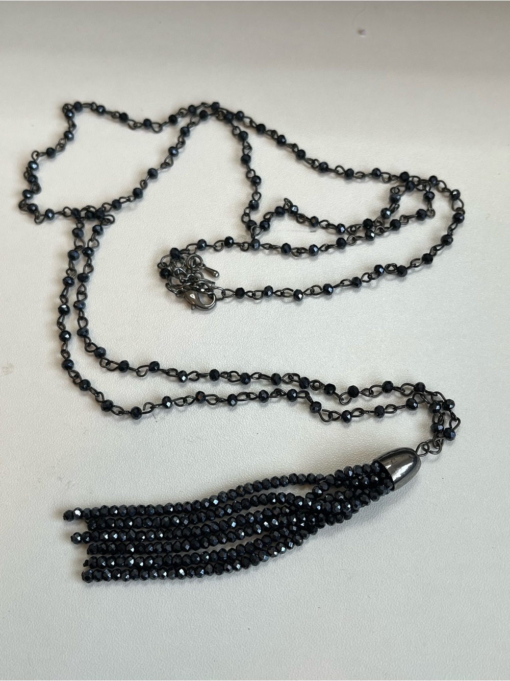 Black Small Crystal Glass Faceted Single strand Necklace Long Tassel 45”